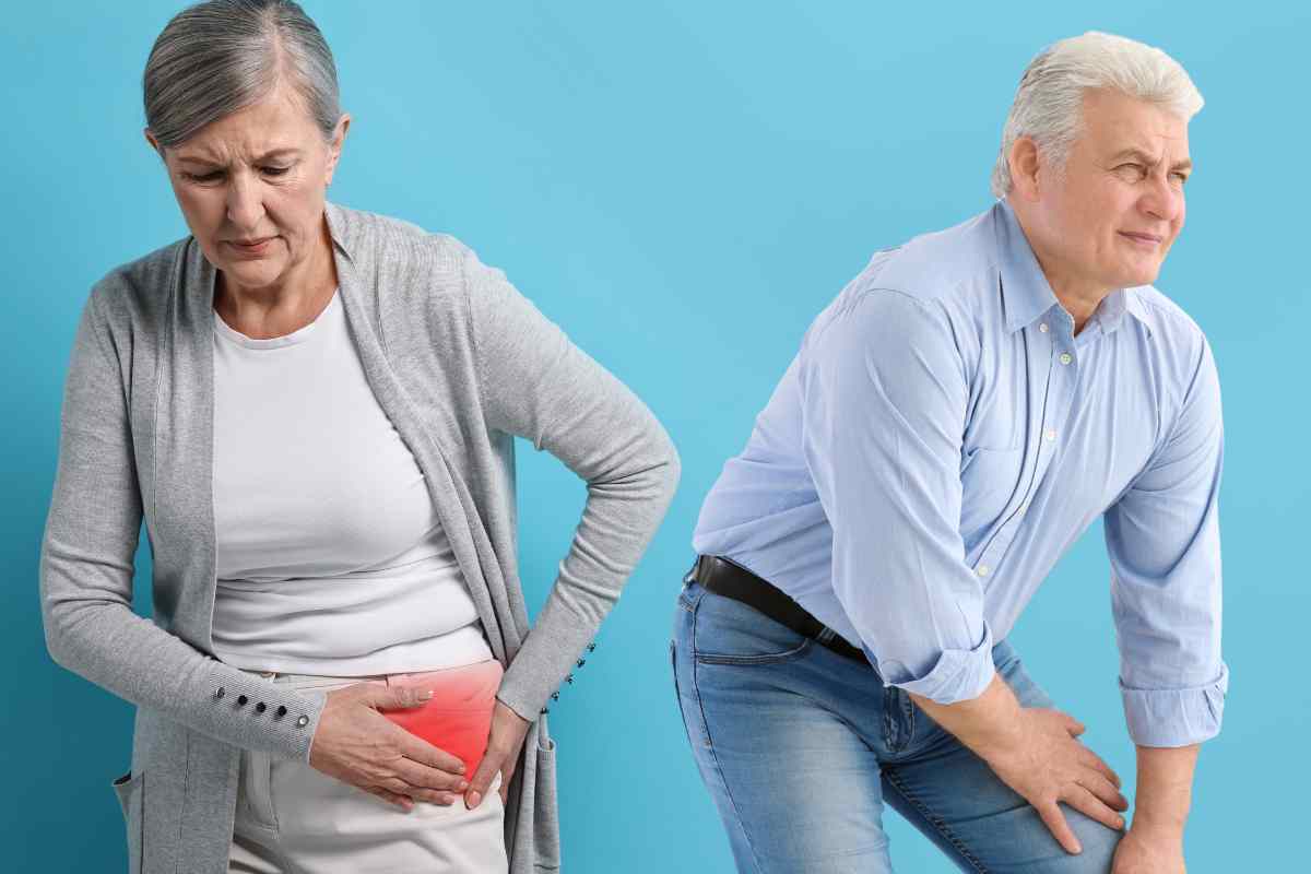 donna che mette le mani sull'anca e uomo che mette le mani sul ginocchio