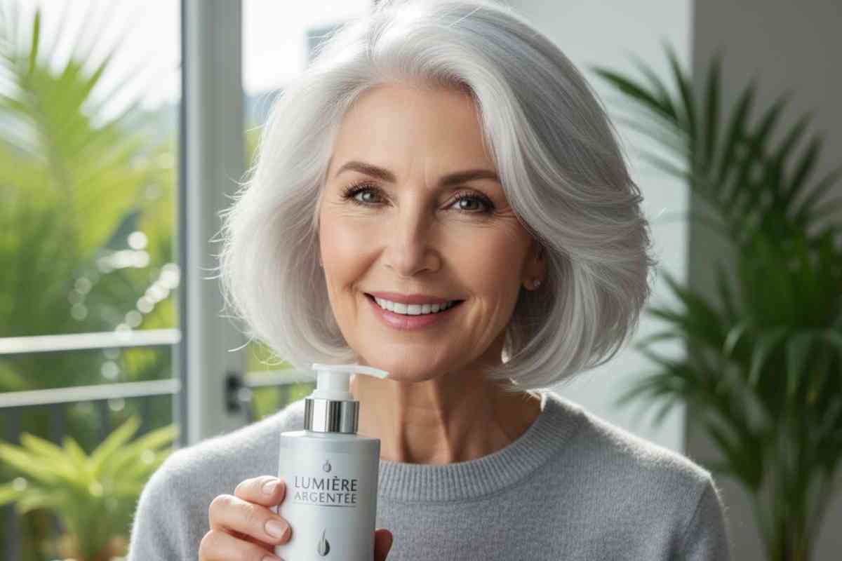 signora con i capelli bianchi con uno shampoo in mano