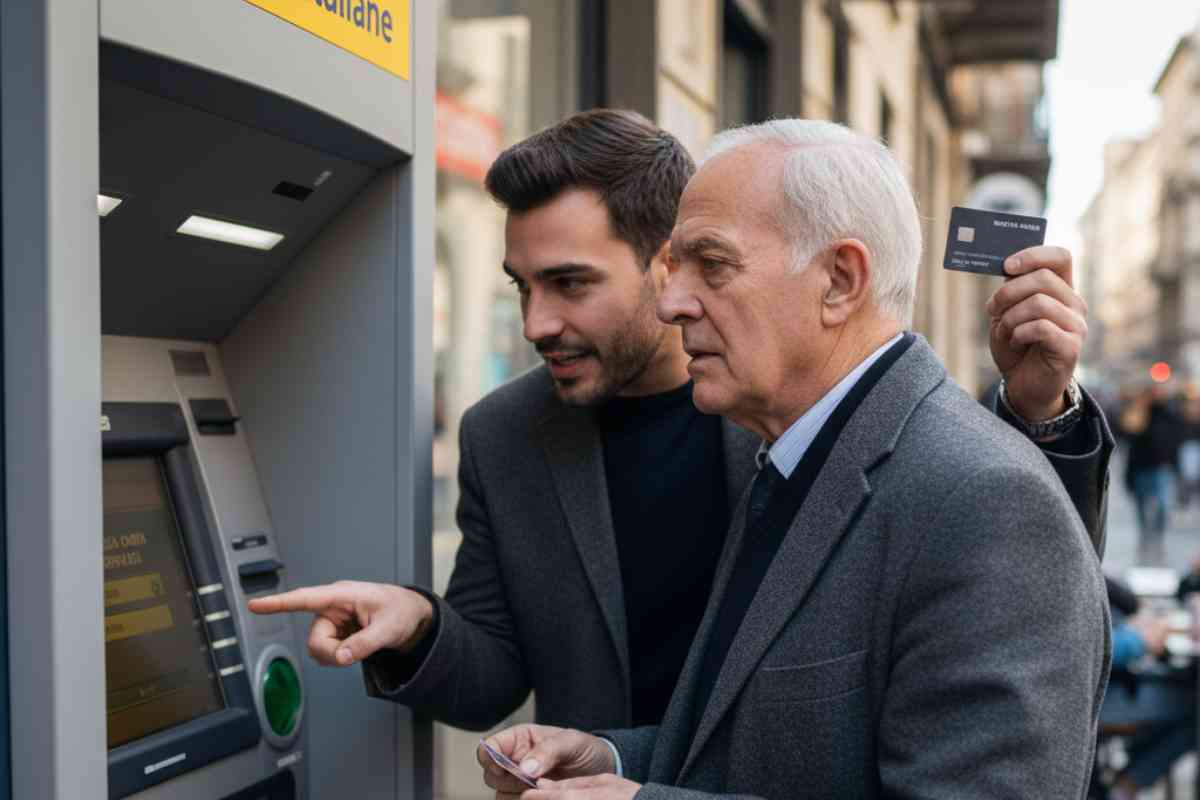 signore anziano con un altro signore vicino con il bancomat in mano