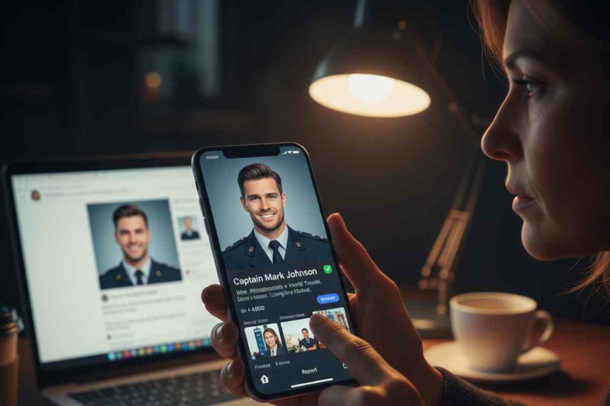 signora che guarda su facebook il profilo di un signore distinto