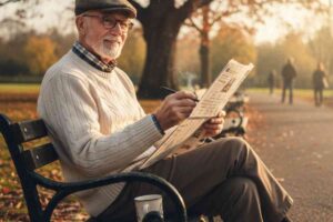 signore anziano seduto su una panchina che fa le parole crociate