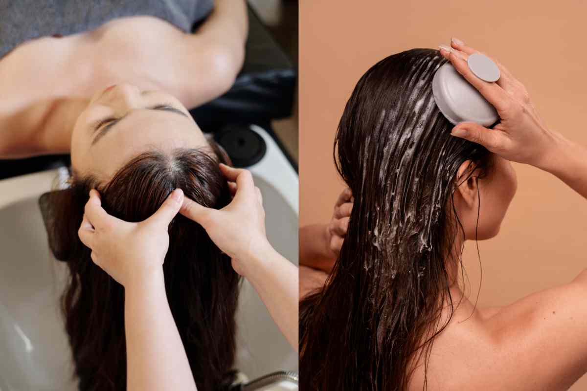 persone che si fanno lo shampoo e si massaggiano la cute