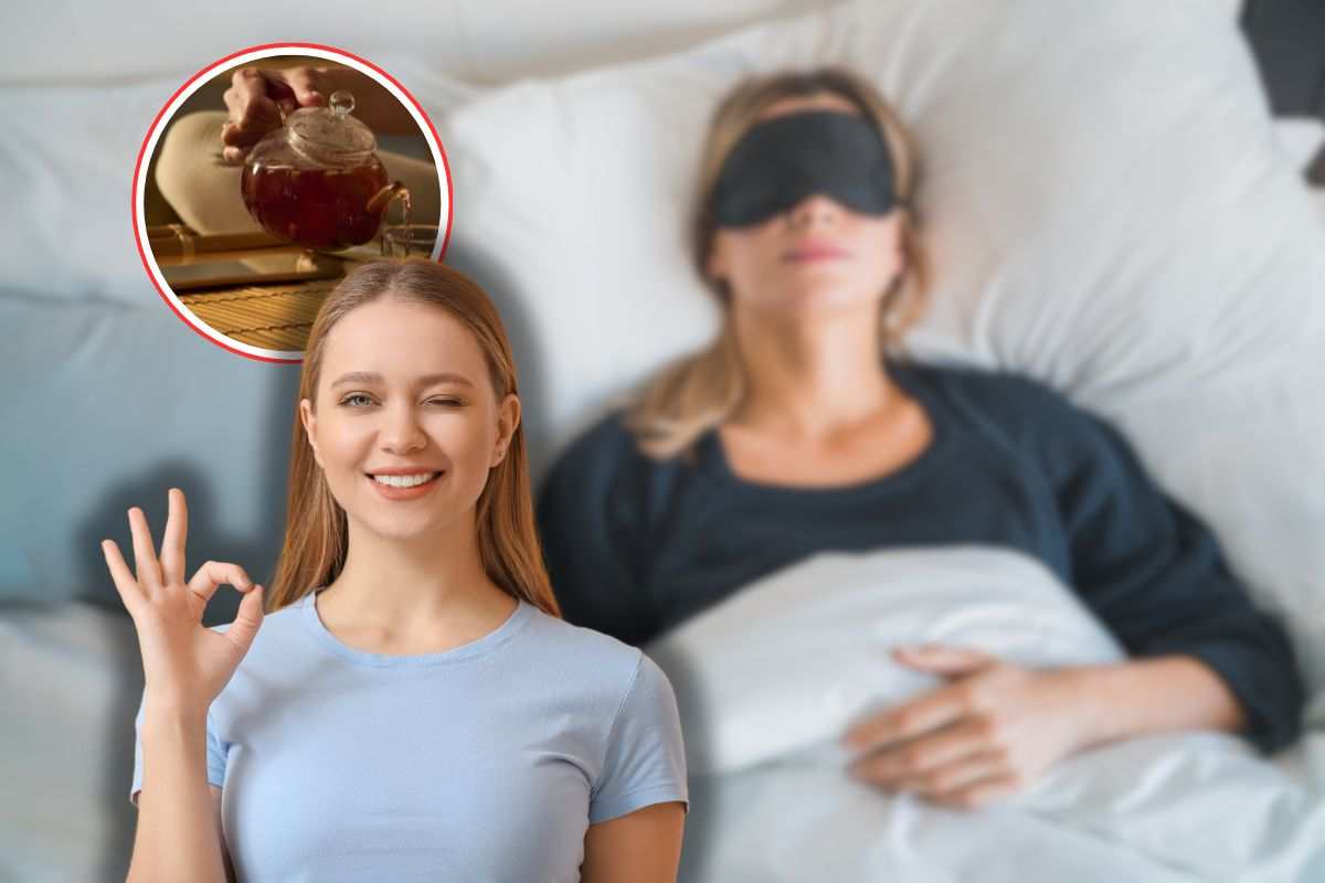 donna che dorme, un'altra che fa ok con le mani e tisana