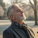 signore seduto al parco con il volto rivolto verso il sole