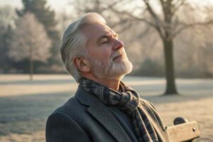 signore seduto al parco con il volto rivolto verso il sole