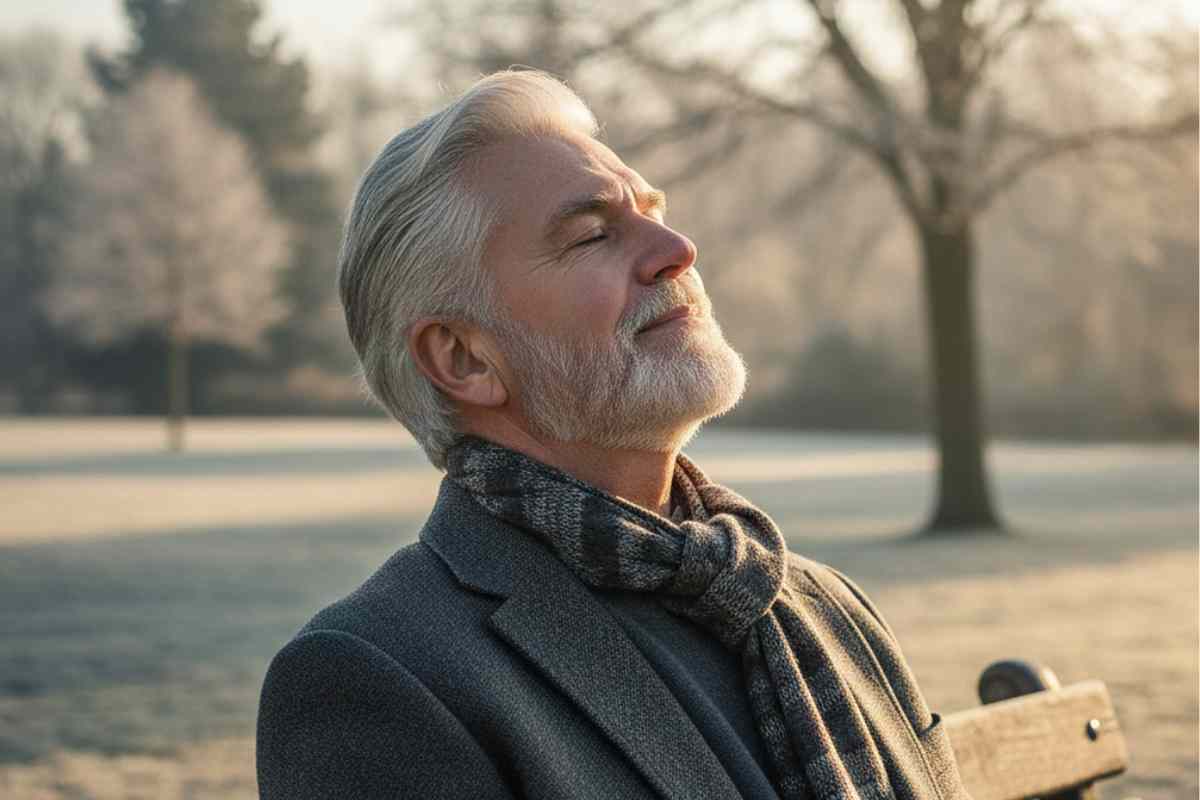 signore seduto al parco con il volto rivolto verso il sole